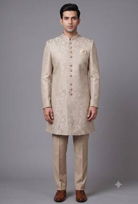 Champagne beige paisley jacquard nawabi suit for men 1