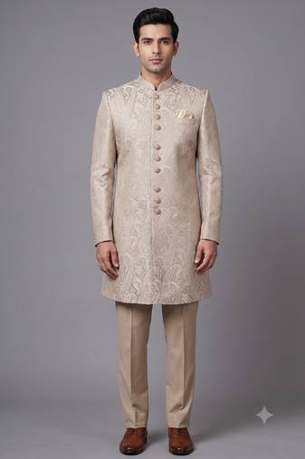 Champagne beige paisley jacquard nawabi suit for men