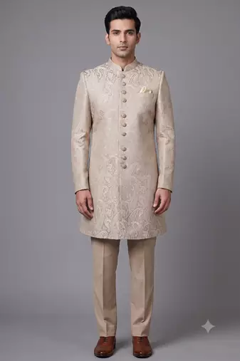 Champagne beige paisley jacquard nawabi suit for men