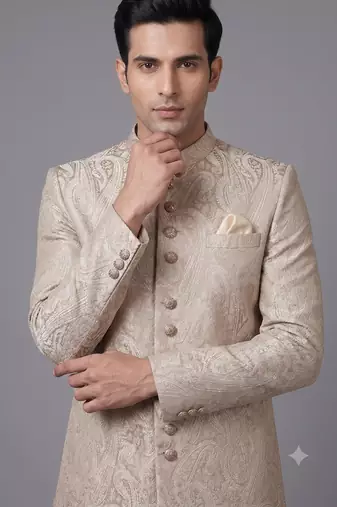 Champagne beige paisley jacquard nawabi suit for men
