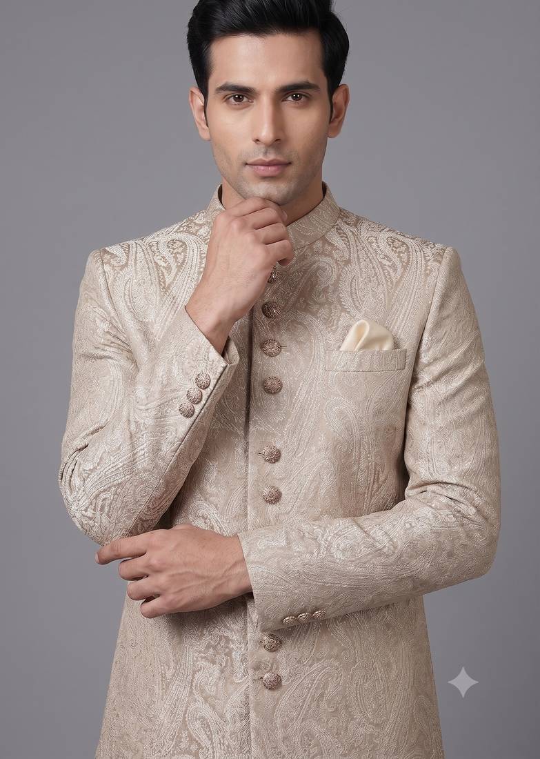 Champagne beige paisley jacquard nawabi suit for men