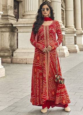 Embroidered georgette red readymade salwar kameez 1
