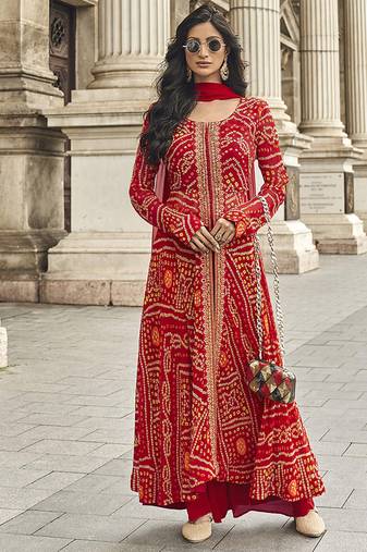 Embroidered georgette red readymade salwar kameez