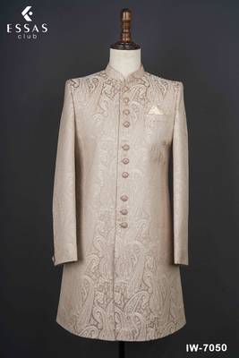 Champagne beige paisley jacquard nawabi suit for men 3