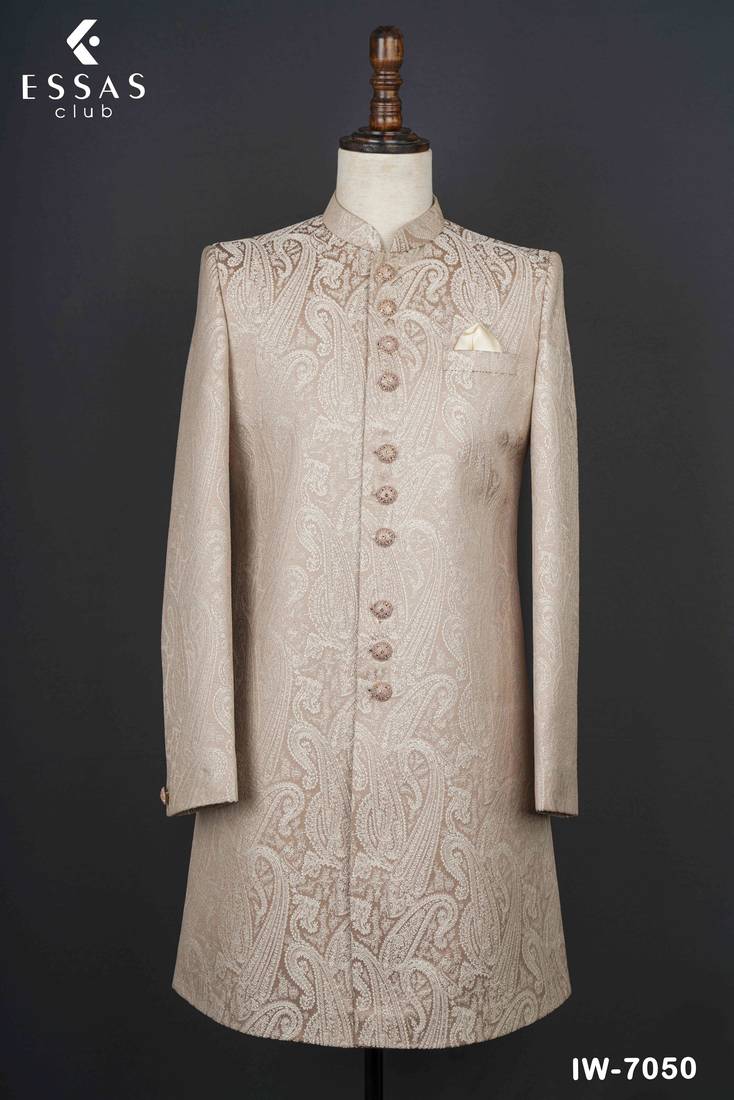 Champagne beige paisley jacquard nawabi suit for men