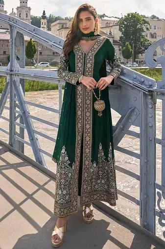 Bottle green chinon embroidered readymade suit
