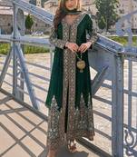 Bottle green chinon embroidered readymade suit