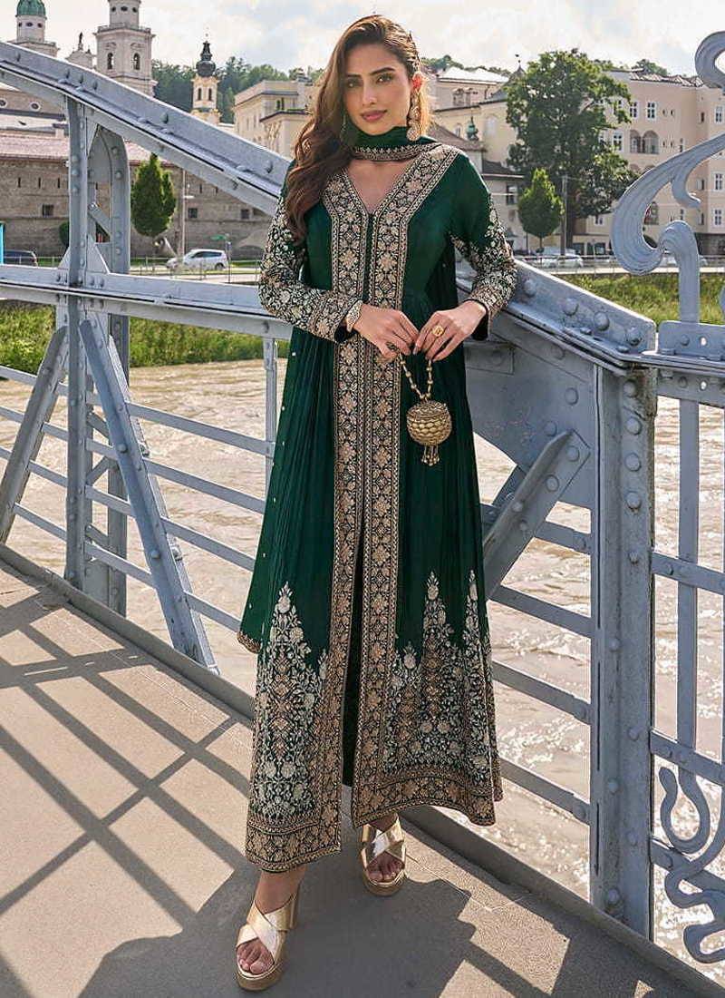 Bottle green chinon embroidered readymade suit
