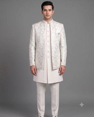 Ivory floral jacquard open indowestern suit for men 1