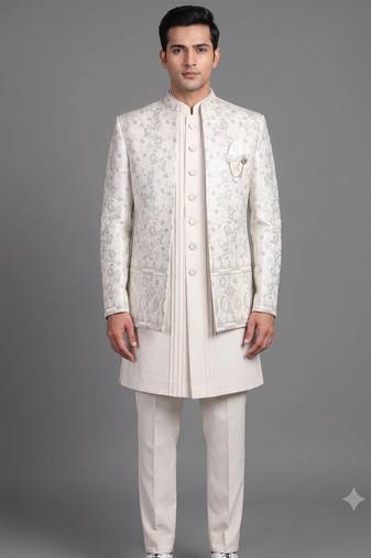 Ivory floral jacquard open indowestern suit for men