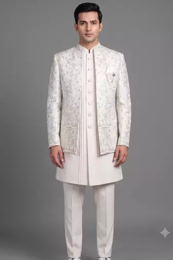 Ivory floral jacquard open indowestern suit for men