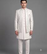 Ivory floral jacquard open indowestern suit for men