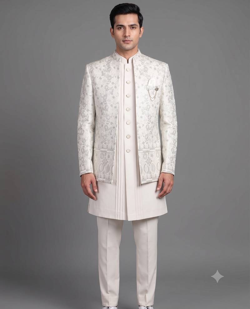 Ivory floral jacquard open indowestern suit for men