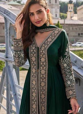 Bottle green chinon embroidered readymade suit 2