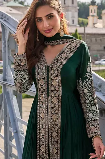 Bottle green chinon embroidered readymade suit