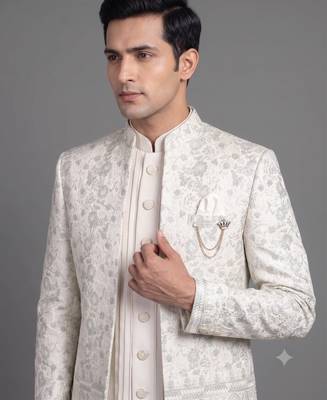Ivory floral jacquard open indowestern suit for men 2