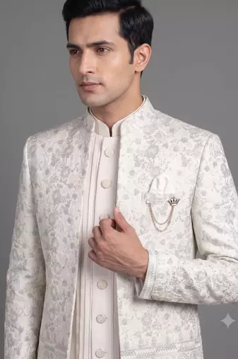 Ivory floral jacquard open indowestern suit for men
