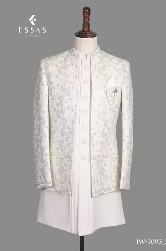 Ivory floral jacquard open indowestern suit for men