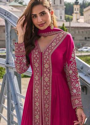 Rani pink chinon embroidered readymade suit 2