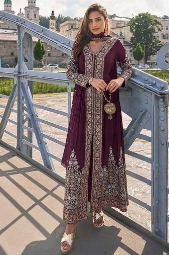 Wine chinon embroidered readymade suit