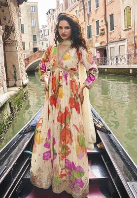 Cream digital printed chinon silk embroidered readymade gown with dupatta 1
