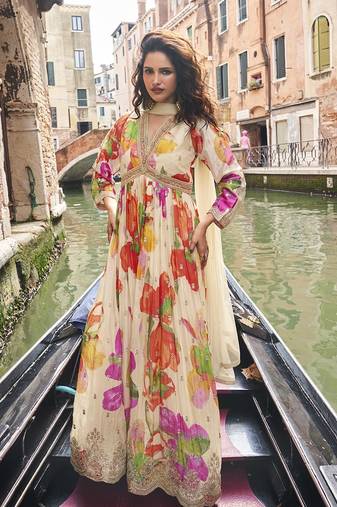 Cream digital printed chinon silk embroidered readymade gown with dupatta
