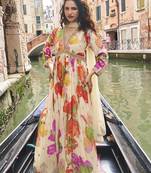 Cream digital printed chinon silk embroidered readymade gown with dupatta