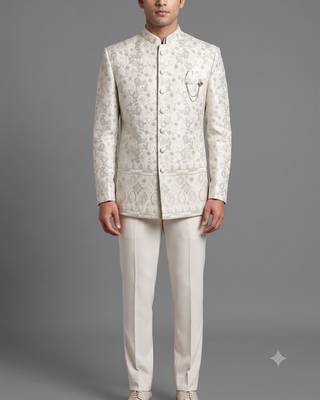 Ivory floral jacquard bandhgala suit for men 1