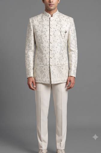 Ivory floral jacquard bandhgala suit for men