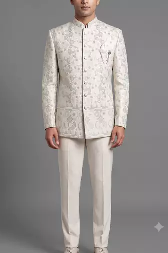 Ivory floral jacquard bandhgala suit for men