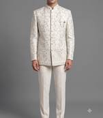 Ivory floral jacquard bandhgala suit for men