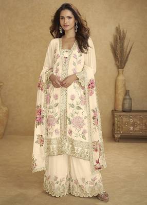 Cream embroidered sequins chinon  readymade palazzo set 1