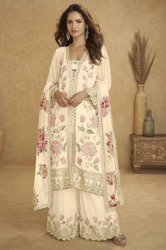 Cream embroidered sequins chinon  readymade palazzo set