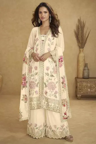 Cream embroidered sequins chinon  readymade palazzo set