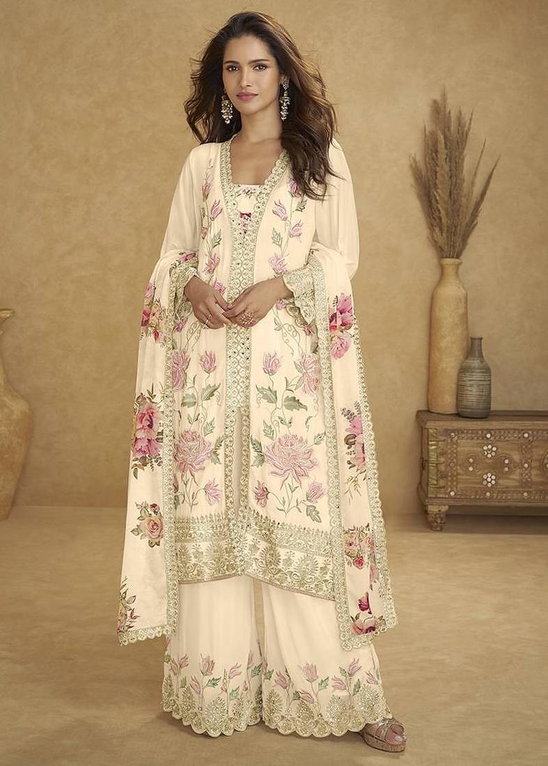 Cream embroidered sequins chinon  readymade palazzo set