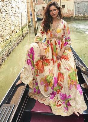 Cream digital printed chinon silk embroidered readymade gown with dupatta 2