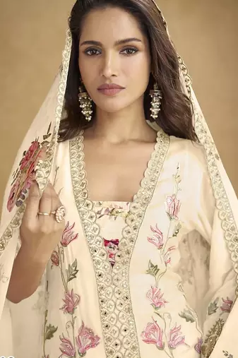Cream embroidered sequins chinon  readymade palazzo set