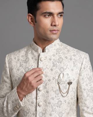 Ivory floral jacquard bandhgala suit for men 2