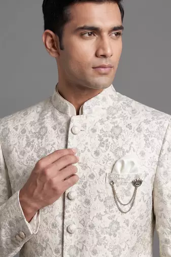 Ivory floral jacquard bandhgala suit for men