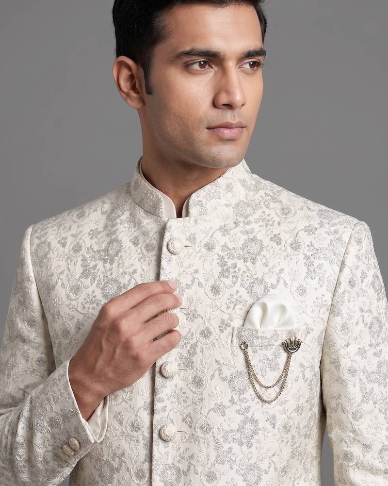 Ivory floral jacquard bandhgala suit for men
