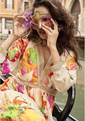 Cream digital printed chinon silk embroidered readymade gown with dupatta 3