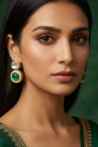 gold plated kundan and stone drop earrings
