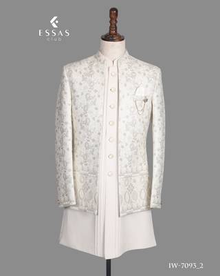Ivory floral jacquard bandhgala suit for men 3