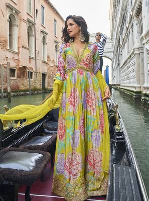 Light green digital printed chinon silk embroidered readymade gown with dupatta 1
