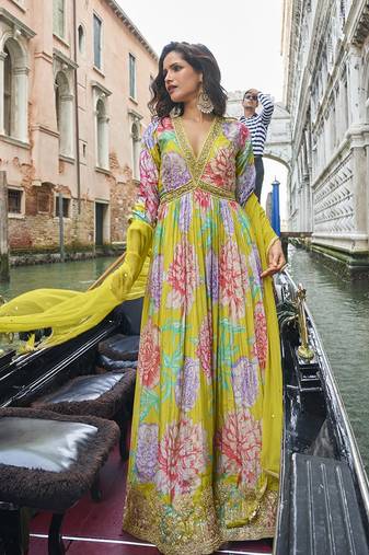 Light green digital printed chinon silk embroidered readymade gown with dupatta