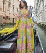 Light green digital printed chinon silk embroidered readymade gown with dupatta