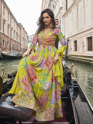Light green digital printed chinon silk embroidered readymade gown with dupatta 2