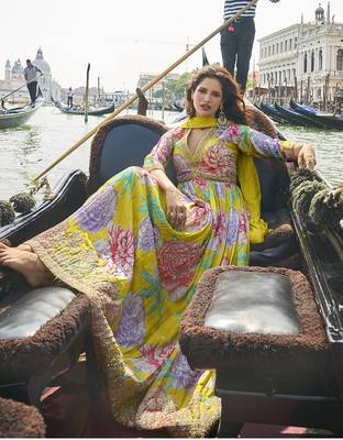 Light green digital printed chinon silk embroidered readymade gown with dupatta 3