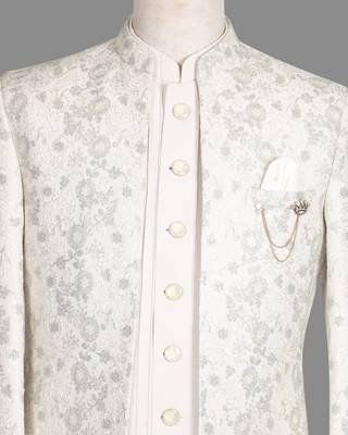 Ivory floral jacquard bandhgala suit for men 5