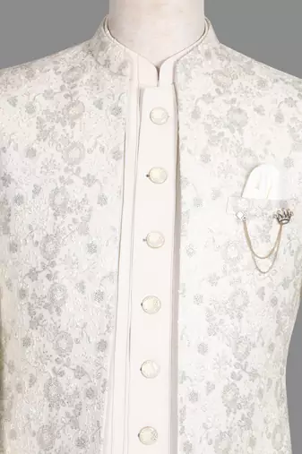 Ivory floral jacquard bandhgala suit for men